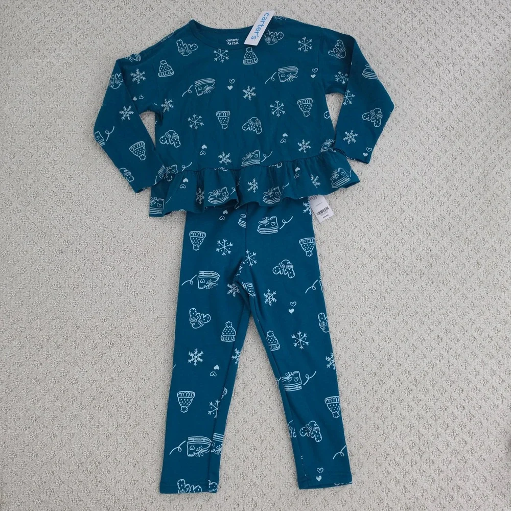 Carters Kids Teal Winter Print Peplum Top and Leggings 2pc Set size 5T NWT